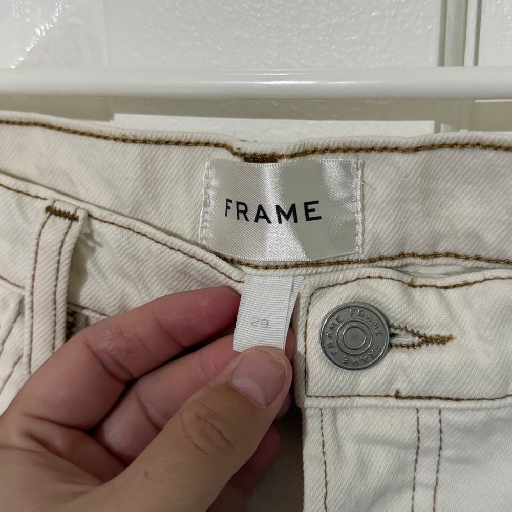 FRAME Le Mec Off White Contrast Stitch Raw Hem Straight Leg Jeans 29 - Picture 3 of 4
